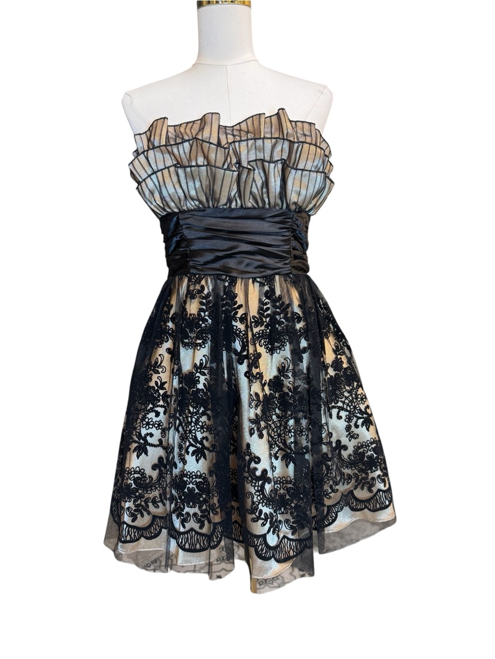 Vintage Roberta Strapless Lace Overlay Cocktail Dress Size 7/8 Black Gold NWT